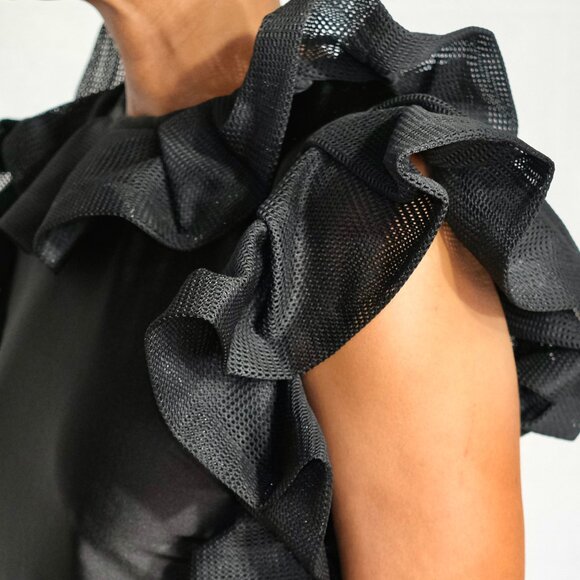 Gracia - Black Knit Blouse with Oversized Ruffle - Size Large - Picture 7 of 10